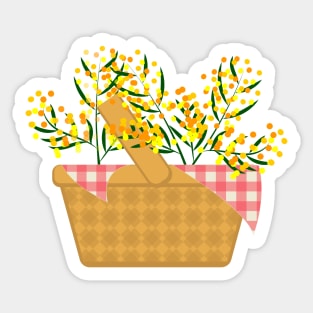 Basket and flower bouquet made of mimosa branches Sticker